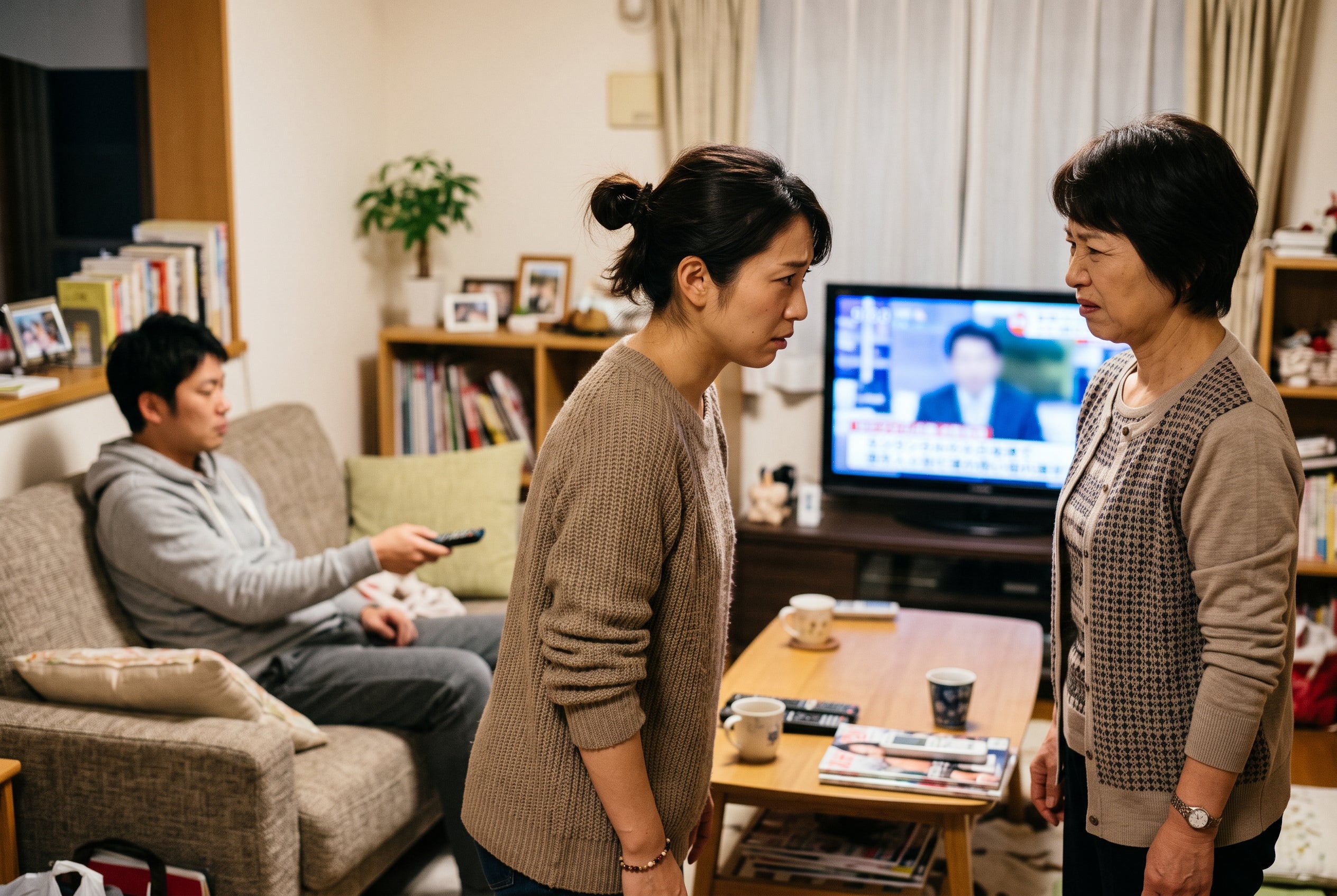 テレビを見る夫と険しい顔の義母と申し訳なさそうな妻
